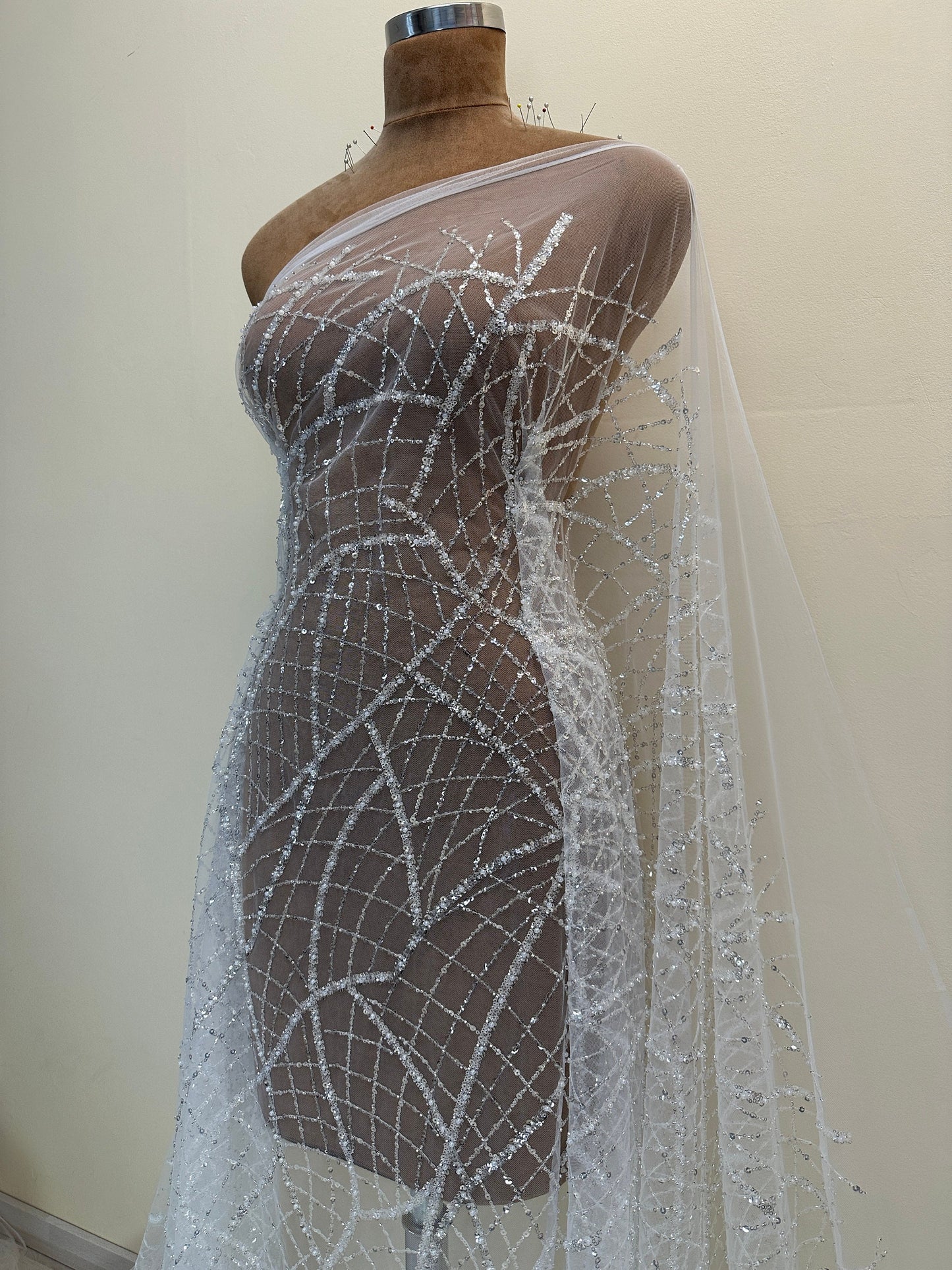 LL-1481, modern beaded bridal lace fabric with abstract net design in white color