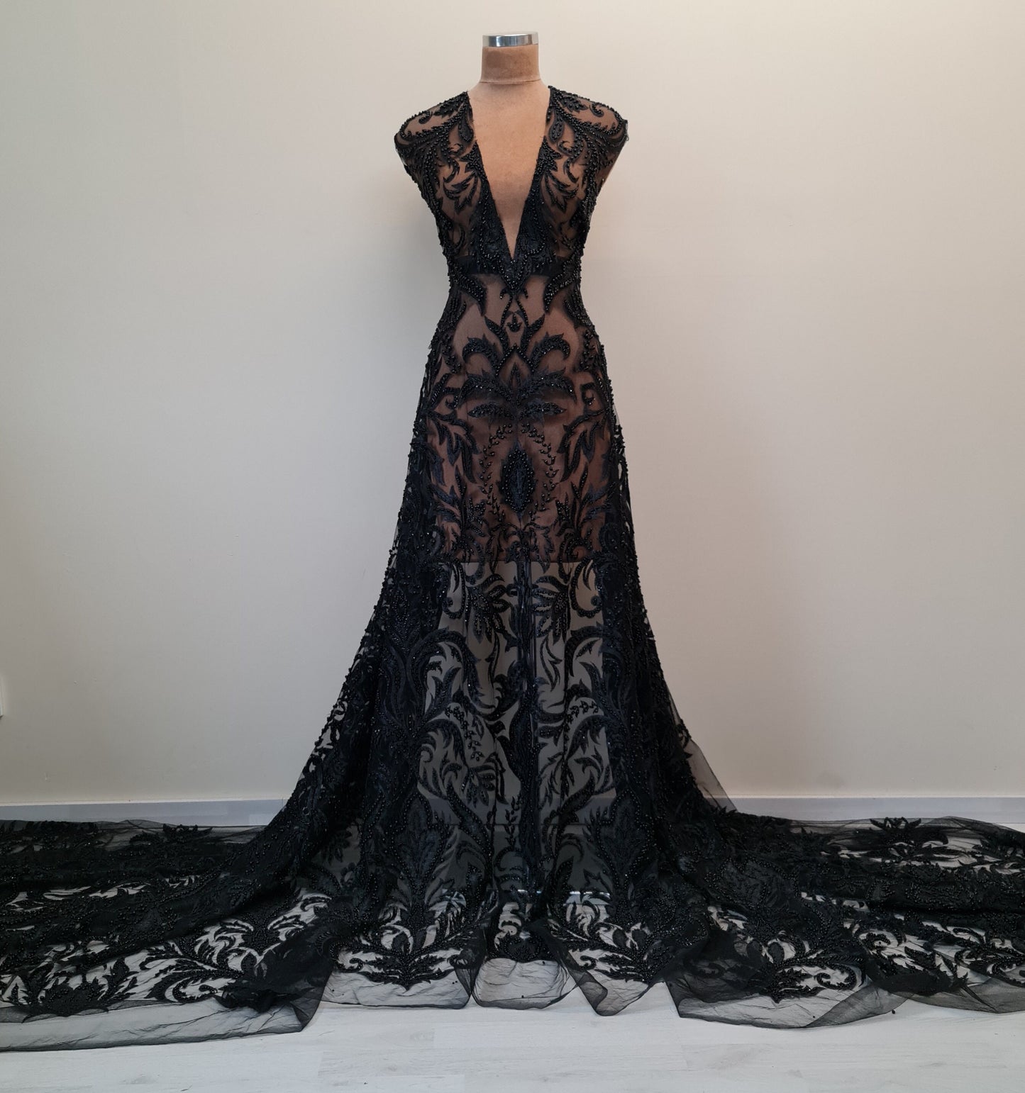 LL-1547, bridal lace with beads and sequins in off-white color, Ornamental design, per meter