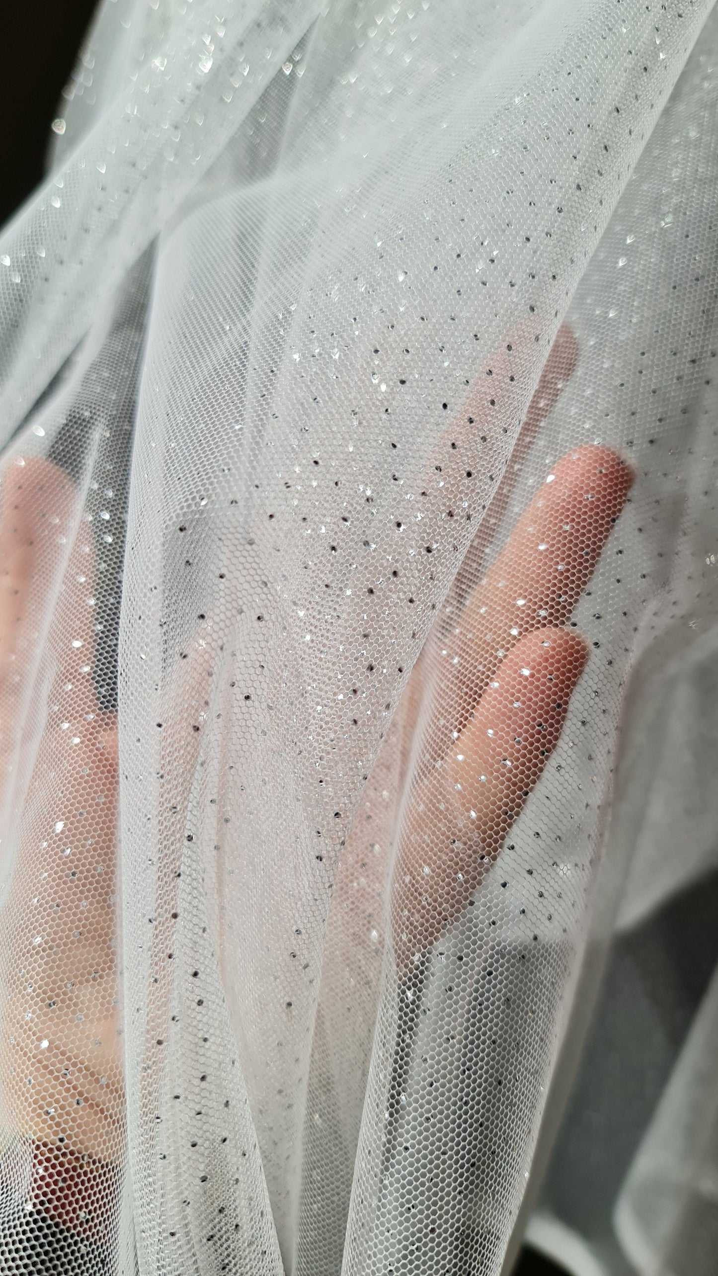 sparkling soft mesh tulle in white color with silver print dots LL-1484