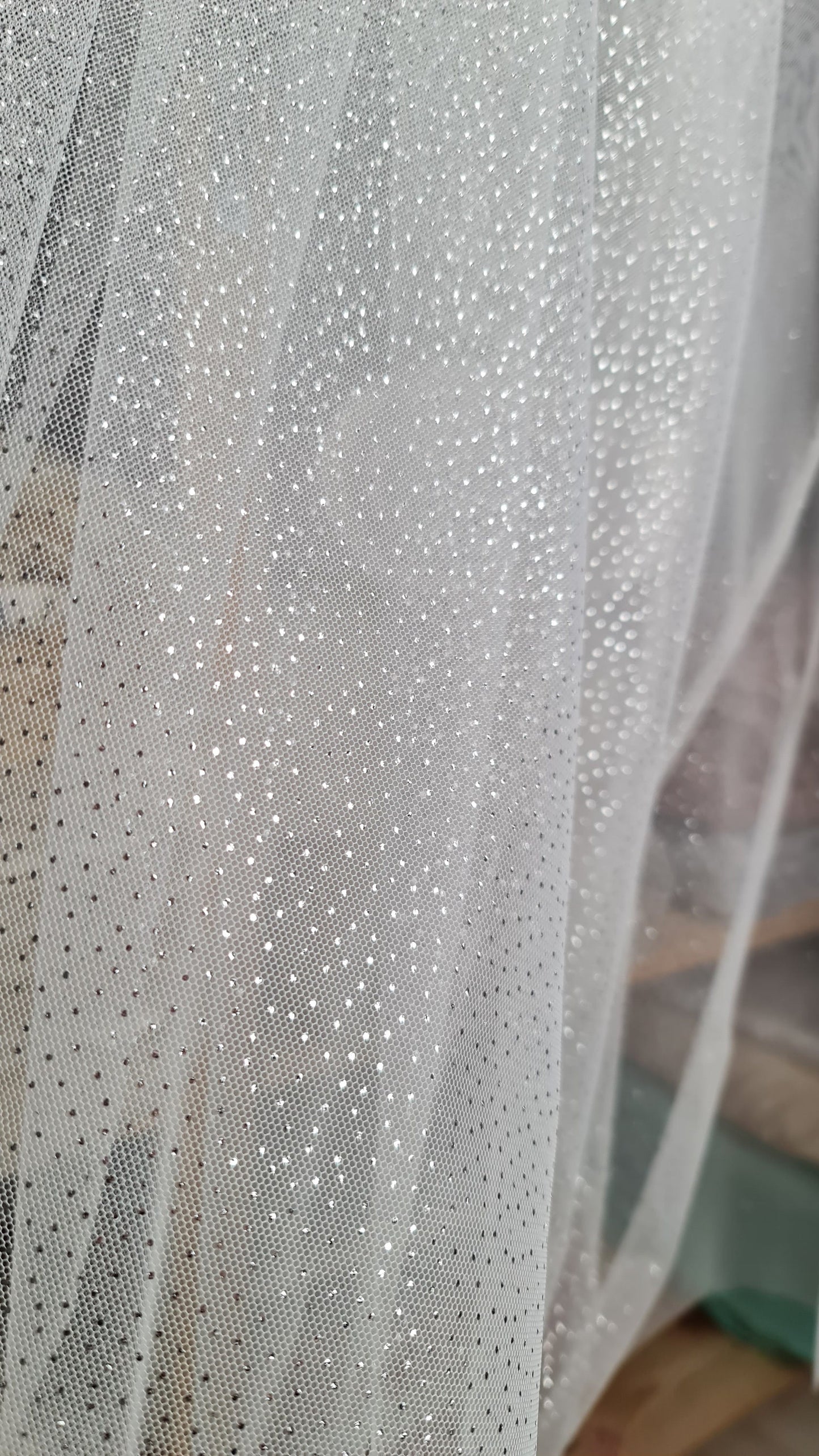 sparkling soft mesh tulle in white color with silver print dots LL-1484