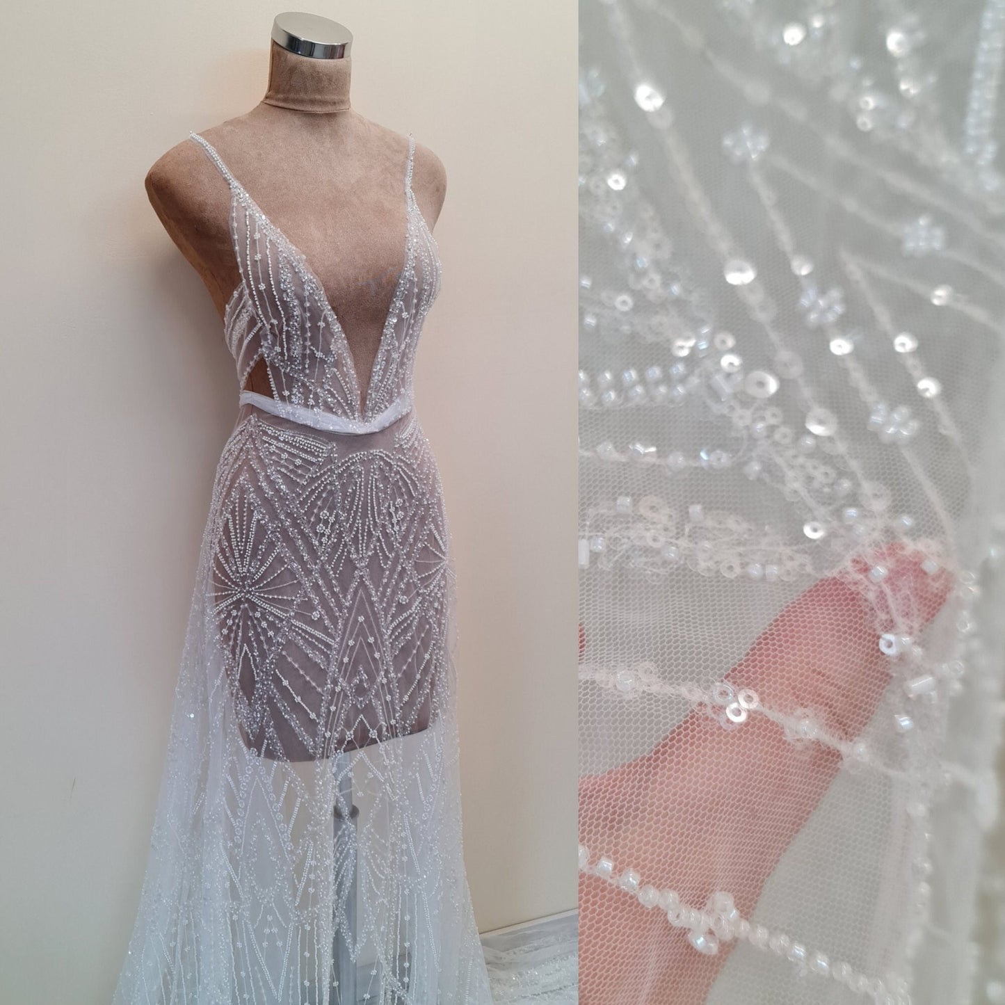LL-1487, gorgeous beaded bridal lace fabric with geometrical design in off-white color