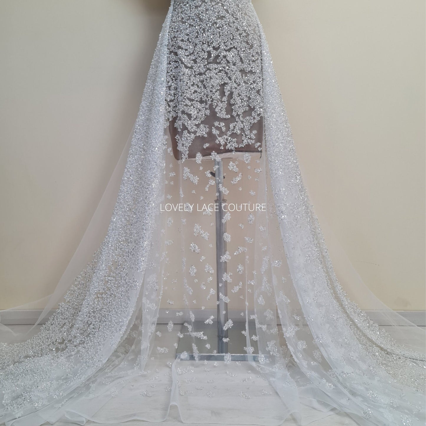 LL-1489, gorgeous abstract wedding dress lace fabric with beads and sequins in off-white color