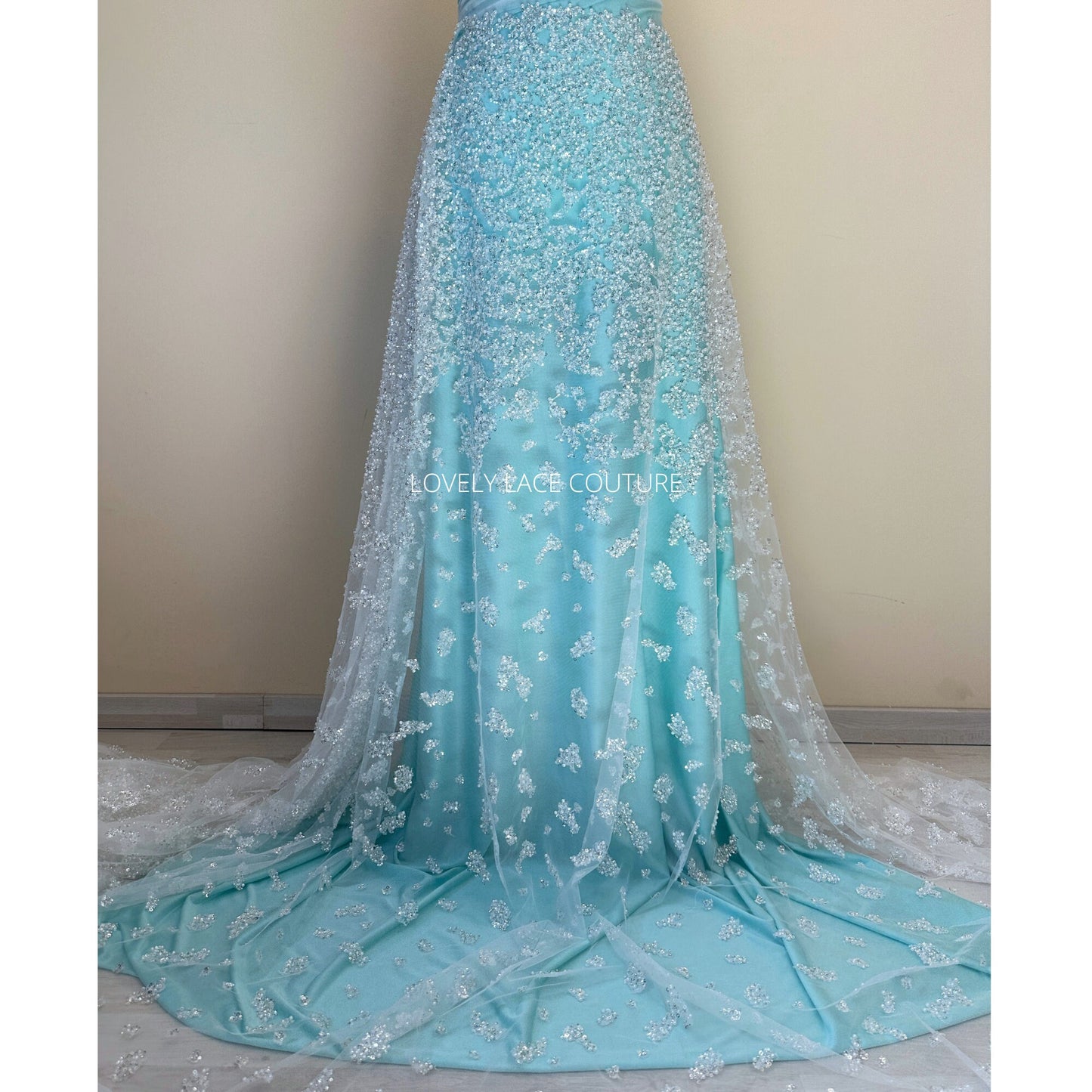 LL-1489, gorgeous abstract wedding dress lace fabric with beads and sequins in off-white color