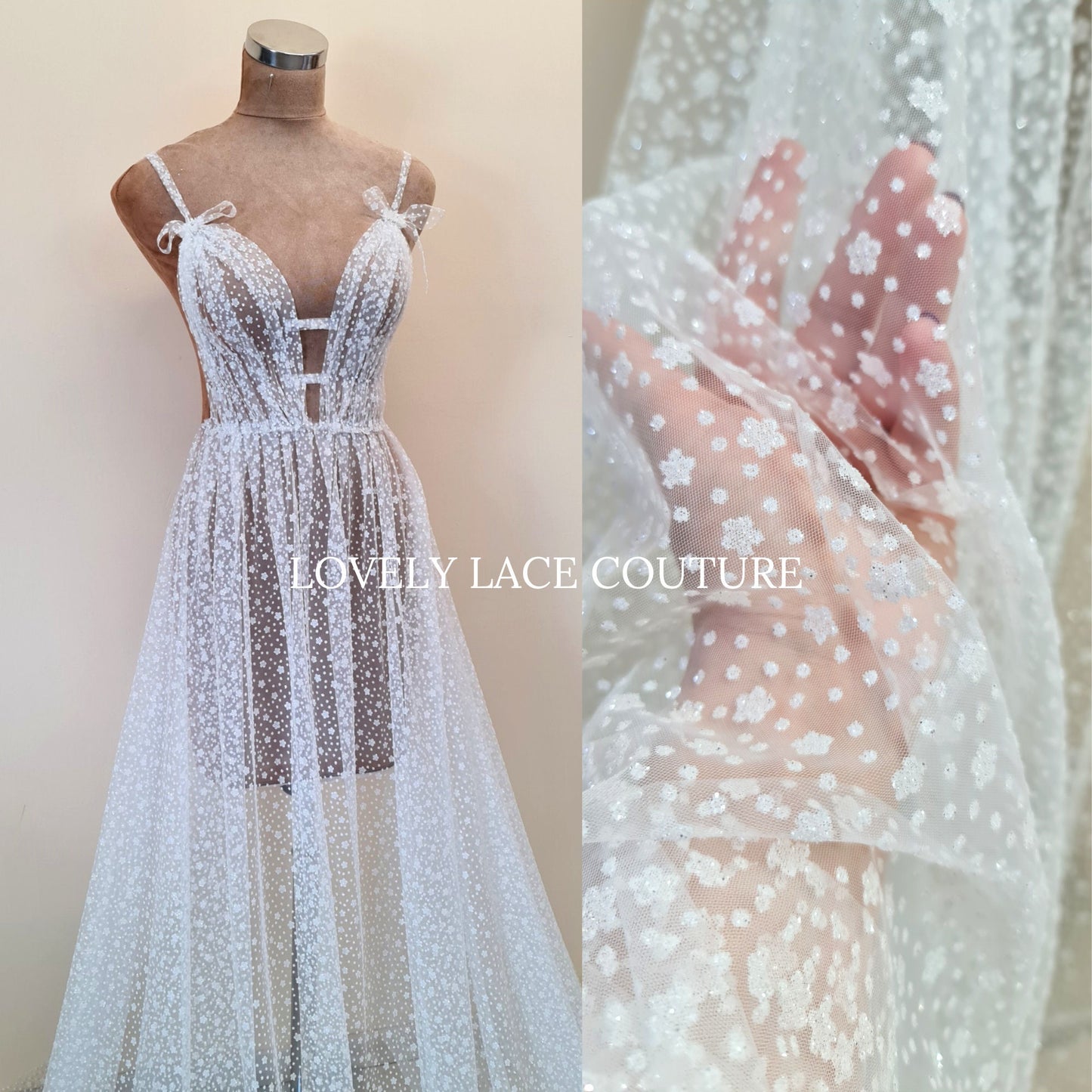 LL-1524, 1,5 Meter breit, weicher Glitter Tüll Stoff mit Blumen in weiß für Brautschleier und Hochzeitskleider