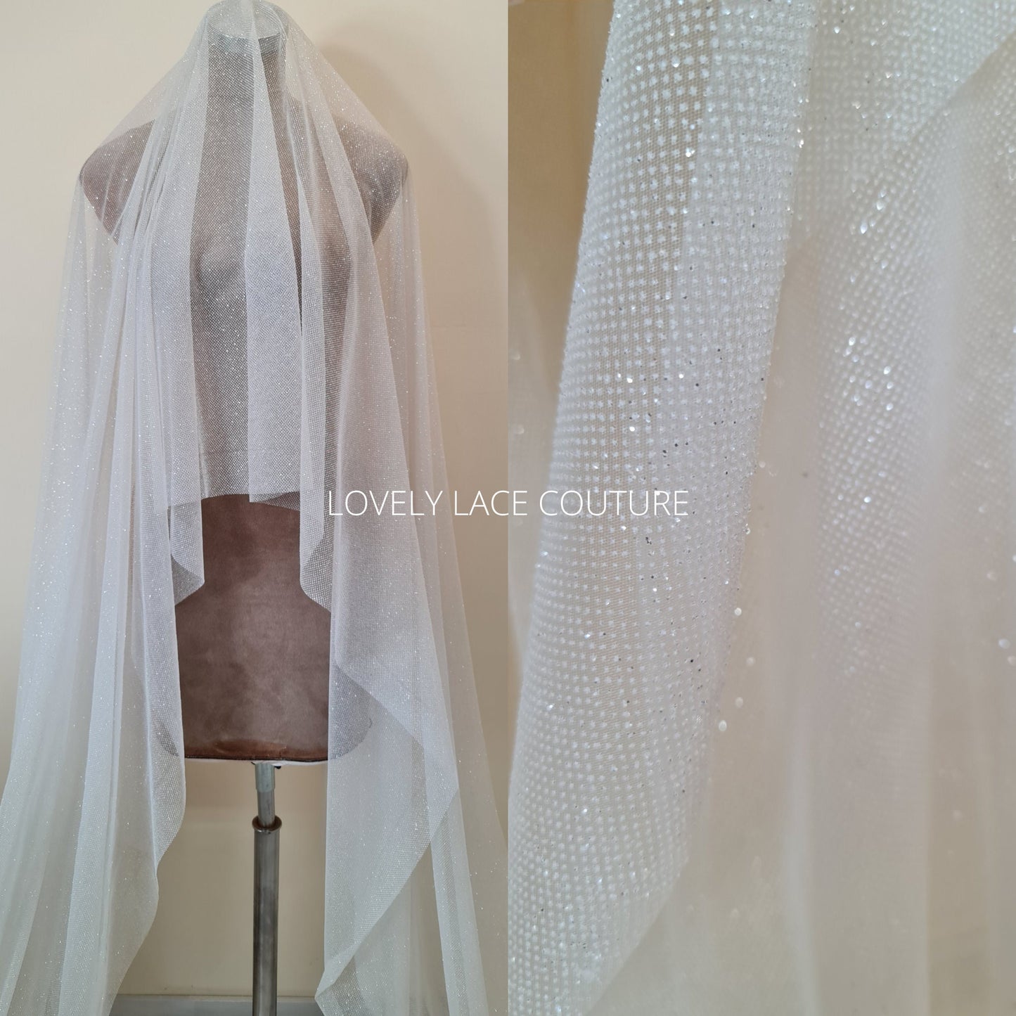 beautiful sparkling glitter tulle fabric in off-white LL-1499 or ivory color LL-1500 for marvelous bridal and wedding dresses or also veils