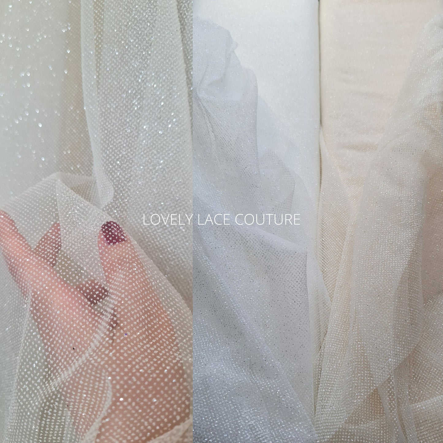 beautiful sparkling glitter tulle fabric in off-white LL-1499 or ivory color LL-1500 for marvelous bridal and wedding dresses or also veils