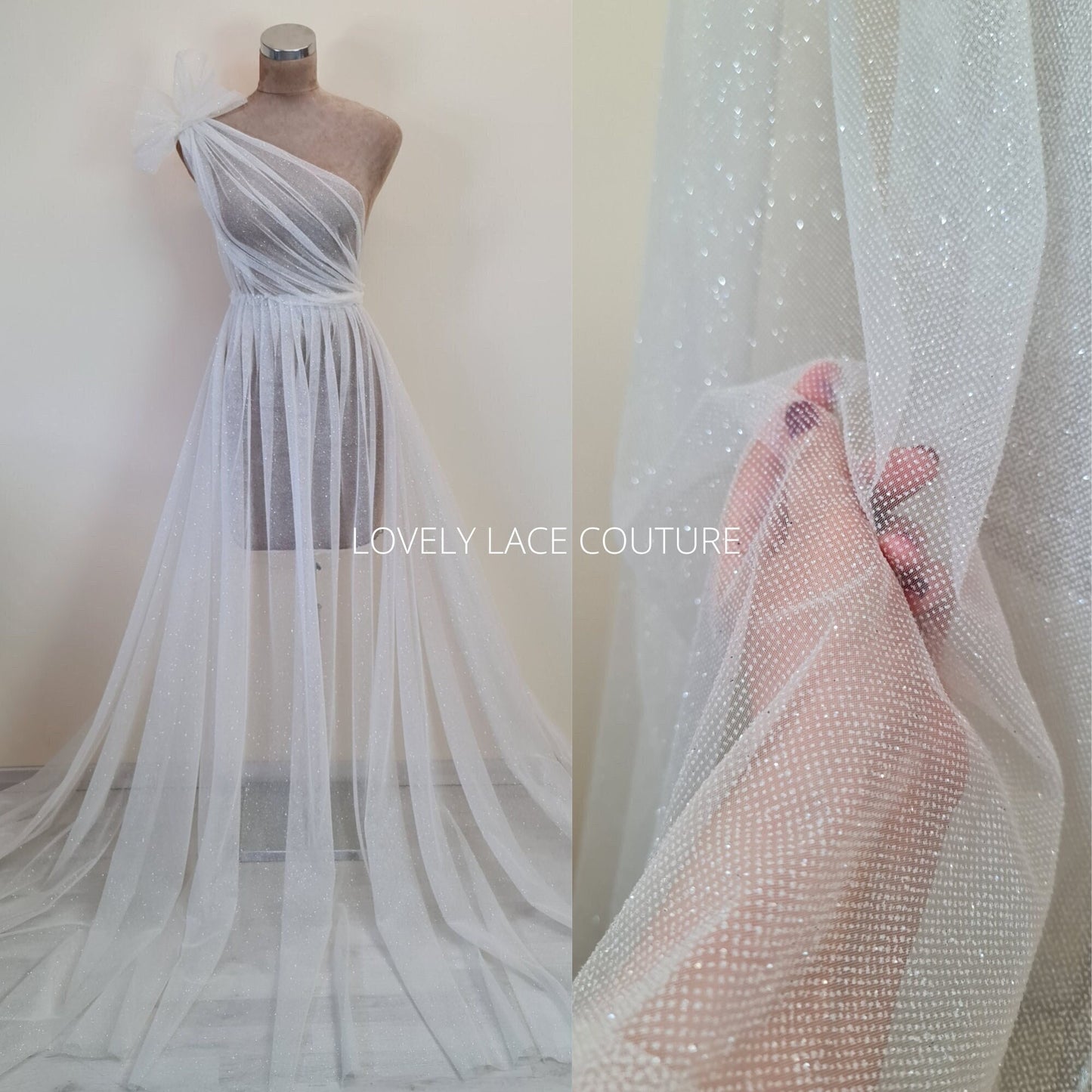 beautiful sparkling glitter tulle fabric in off-white LL-1499 or ivory color LL-1500 for marvelous bridal and wedding dresses or also veils