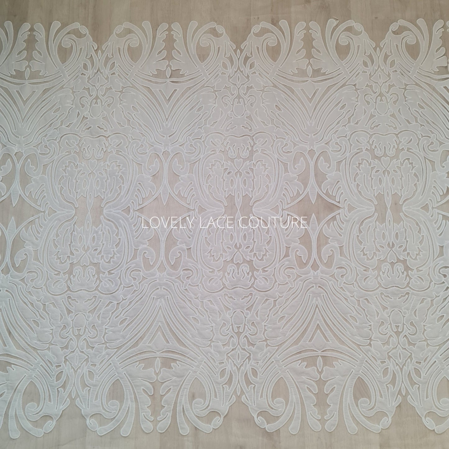 LL-1538, Stunning ornamental lace tulle fabric with cut outs in off-white color, lace per meter