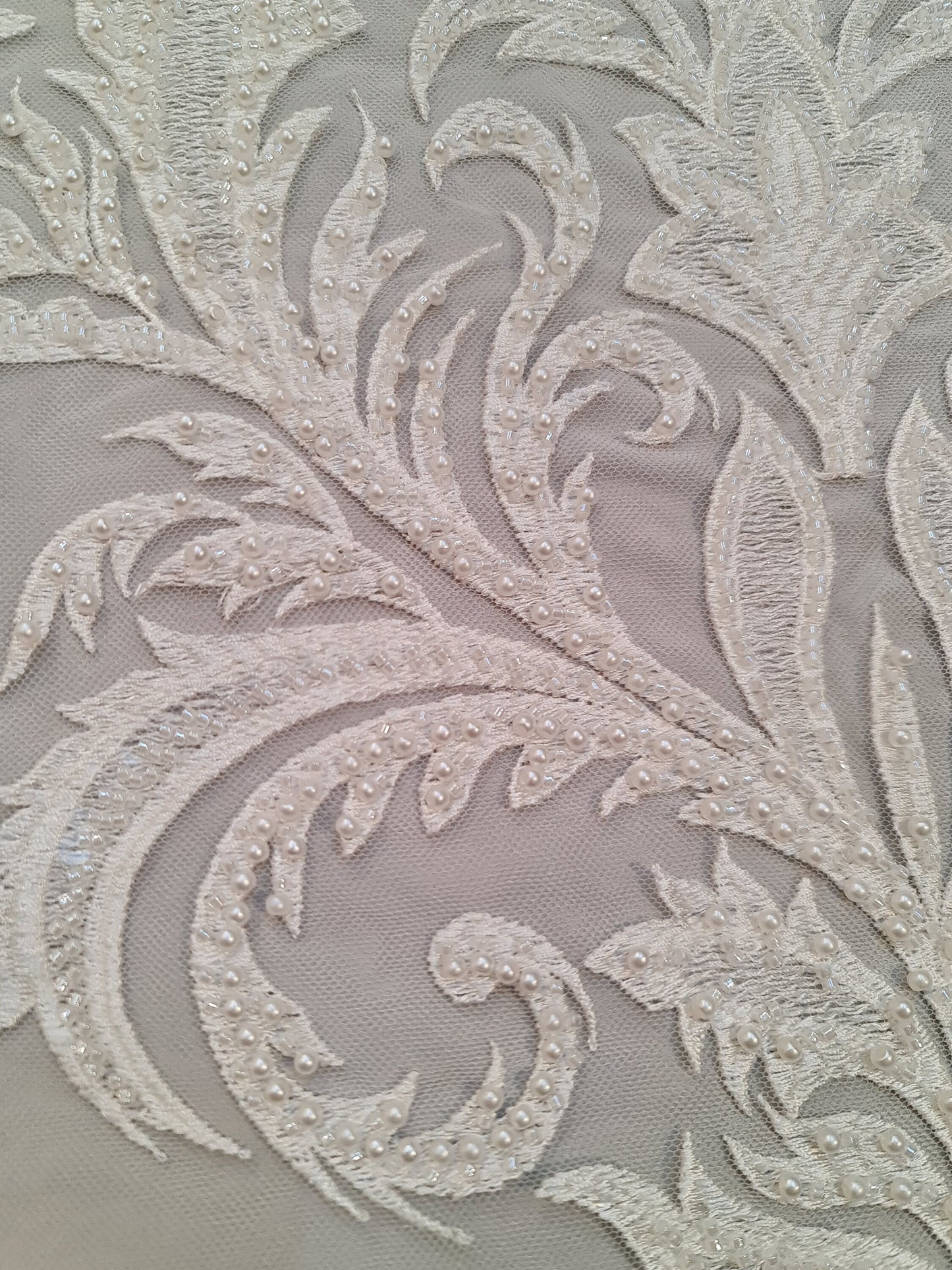 LL-1547, bridal lace with beads and sequins in off-white color, Ornamental design, per meter
