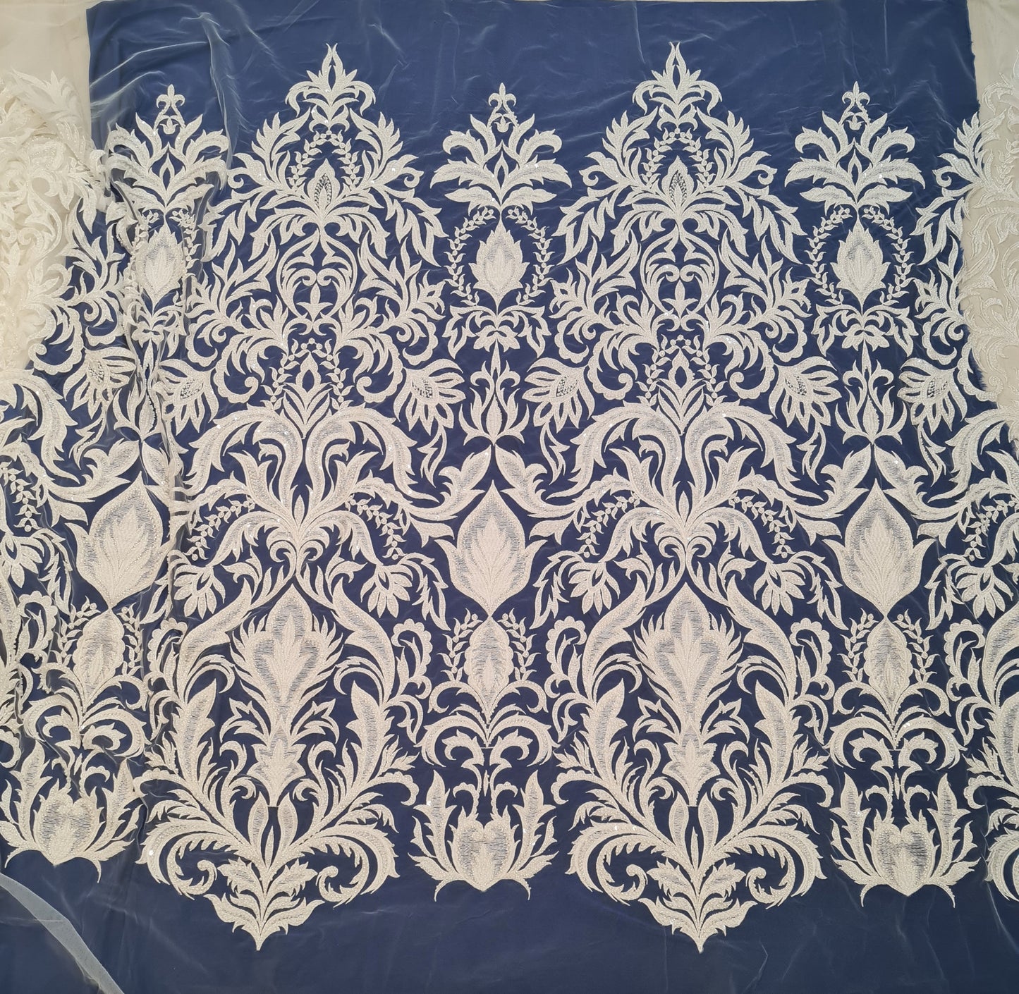LL-1547, bridal lace with beads and sequins in off-white color, Ornamental design, per meter