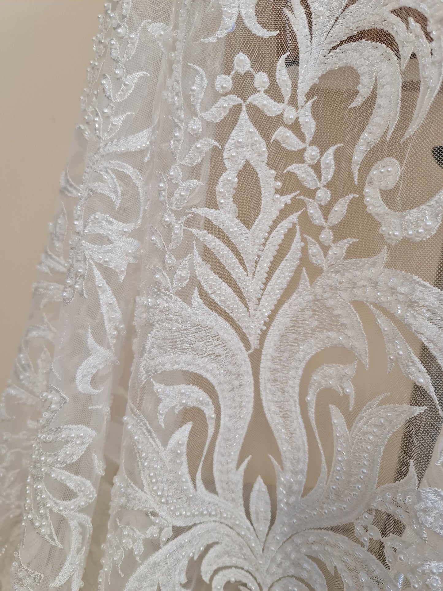 LL-1547, bridal lace with beads and sequins in off-white color, Ornamental design, per meter