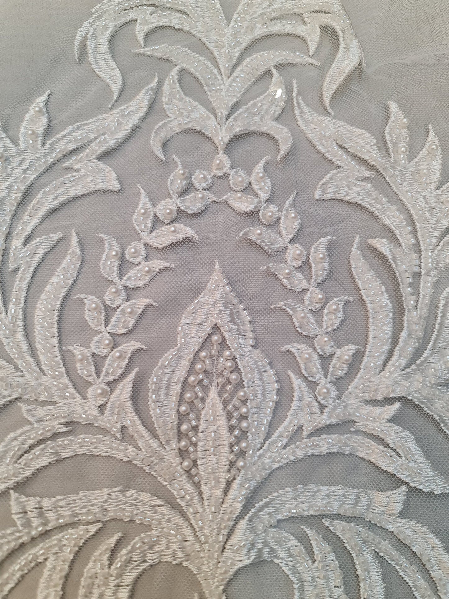 LL-1547, bridal lace with beads and sequins in off-white color, Ornamental design, per meter