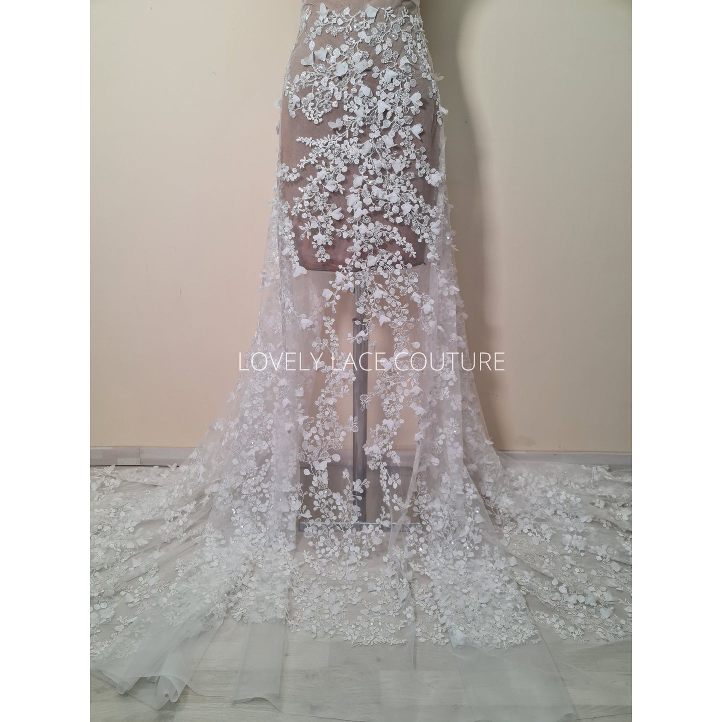 LL-1561, Flower bridal lace fabric with beads and sequins per meter, lovely floral wedding dress lace in off-white color, starts at 0,5m