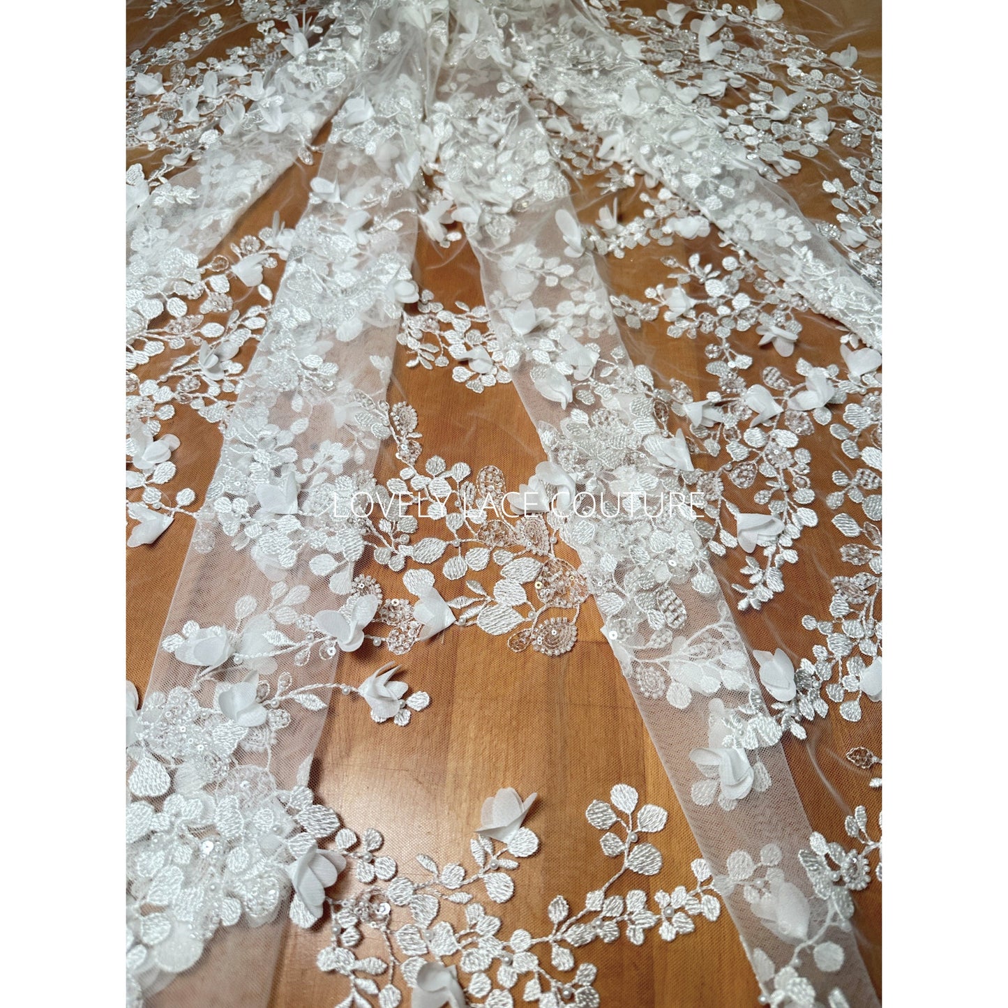 LL-1561, Flower bridal lace fabric with beads and sequins per meter, lovely floral wedding dress lace in off-white color, starts at 0,5m