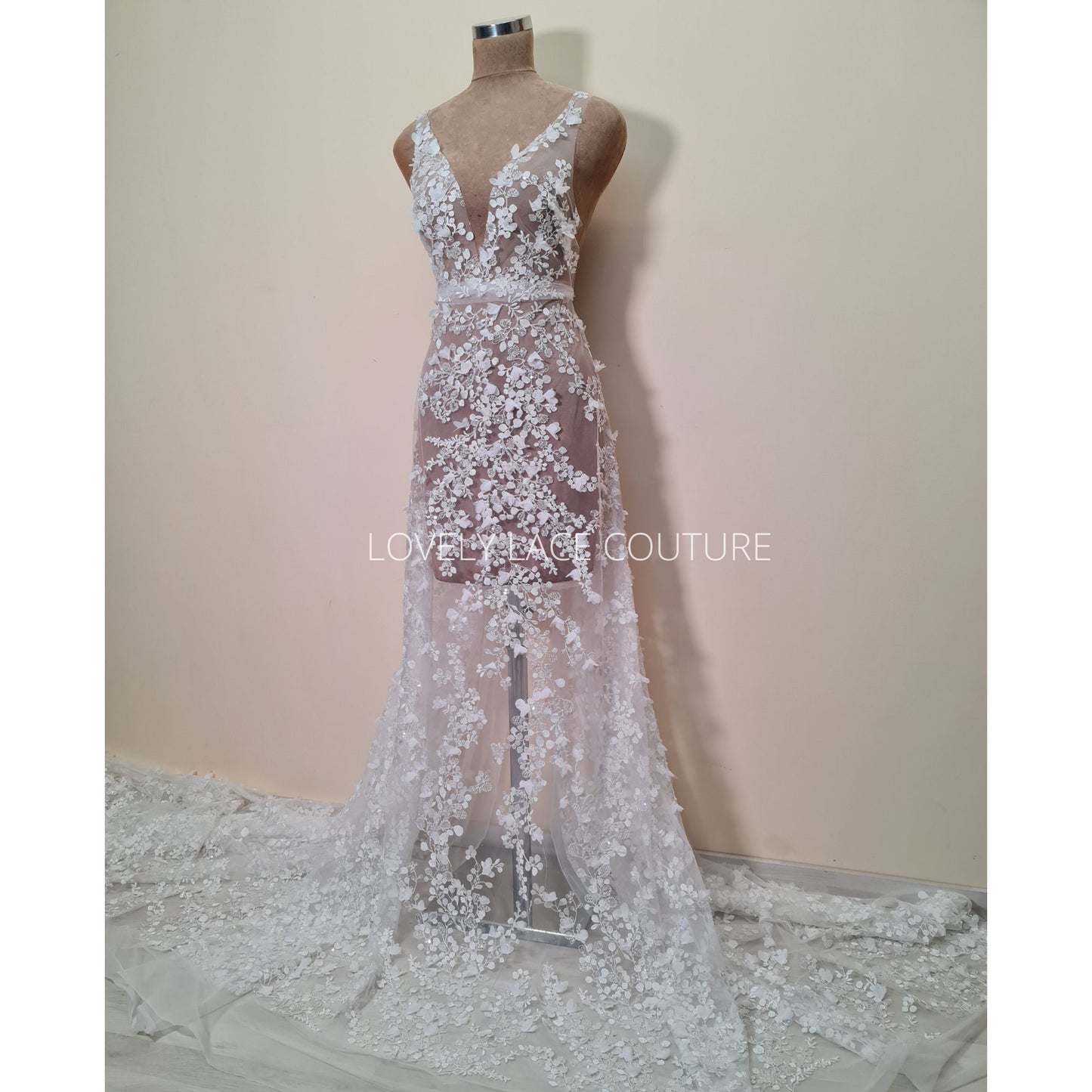 LL-1561, Flower bridal lace fabric with beads and sequins per meter, lovely floral wedding dress lace in off-white color, starts at 0,5m