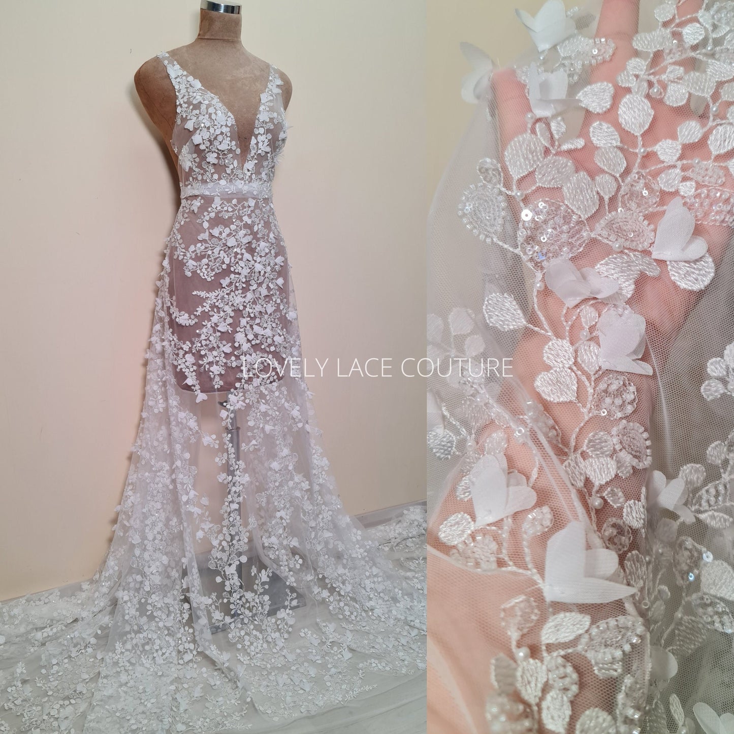 LL-1561, Flower bridal lace fabric with beads and sequins per meter, lovely floral wedding dress lace in off-white color, starts at 0,5m