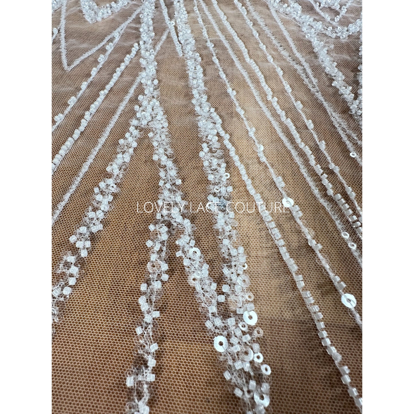 LL-1562, Gorgeous geometrical bridal lace fabric with beads and sequins by yards, luxurious beaded wedding dress lace in off-white color