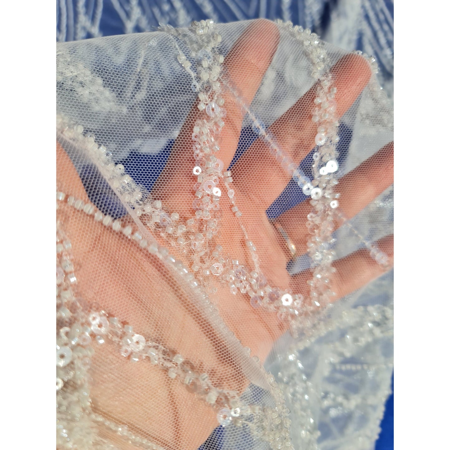 LL-1562, Gorgeous geometrical bridal lace fabric with beads and sequins by yards, luxurious beaded wedding dress lace in off-white color