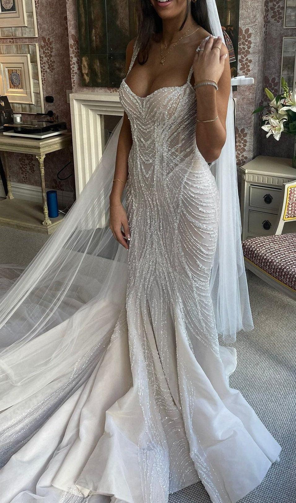LL-1562, Gorgeous geometrical bridal lace fabric with beads and sequins by yards, luxurious beaded wedding dress lace in off-white color