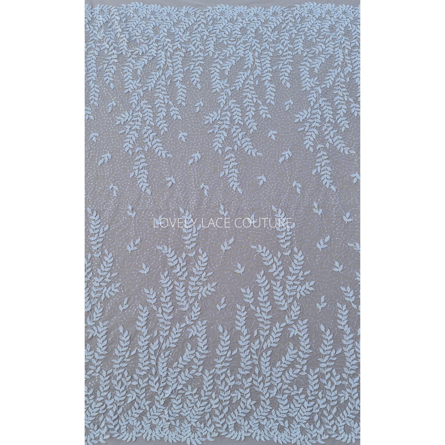 LL-1565, bridal lace fabric with leaves, beads and transparent sequins in white color