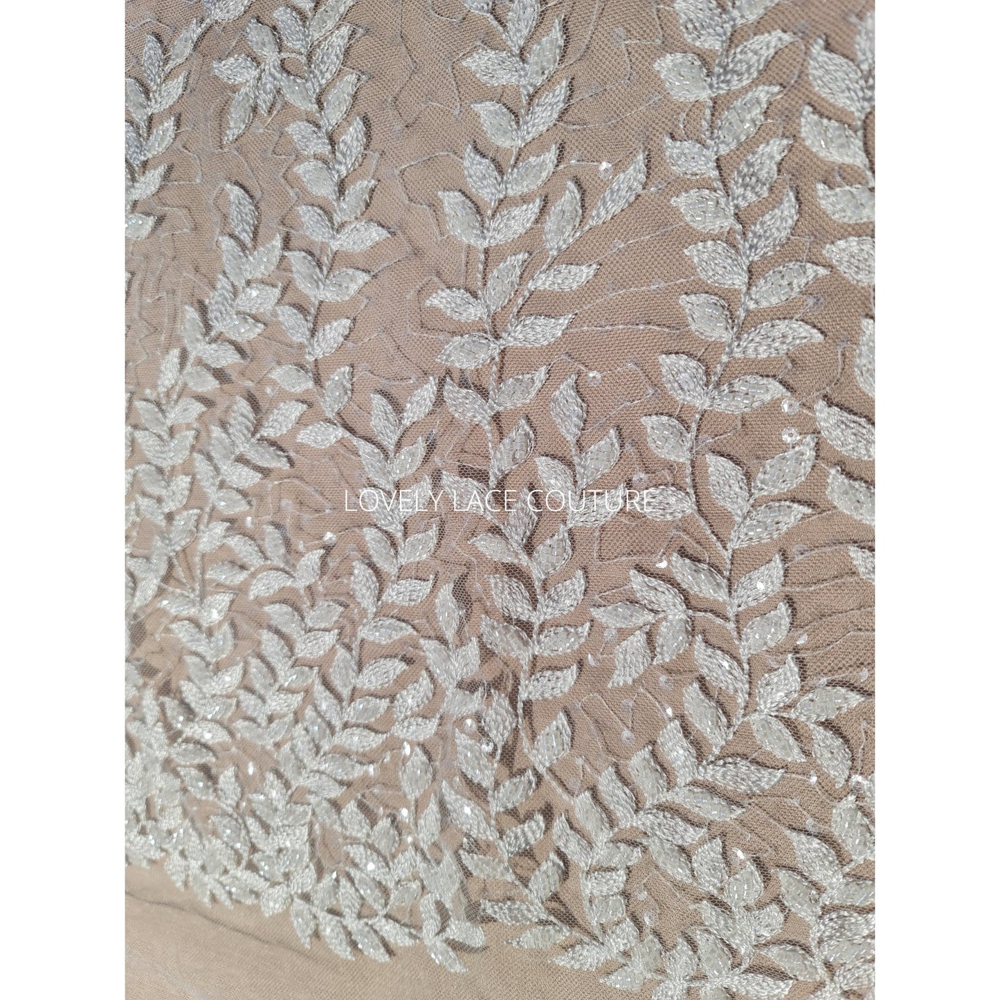 LL-1565, bridal lace fabric with leaves, beads and transparent sequins in white color