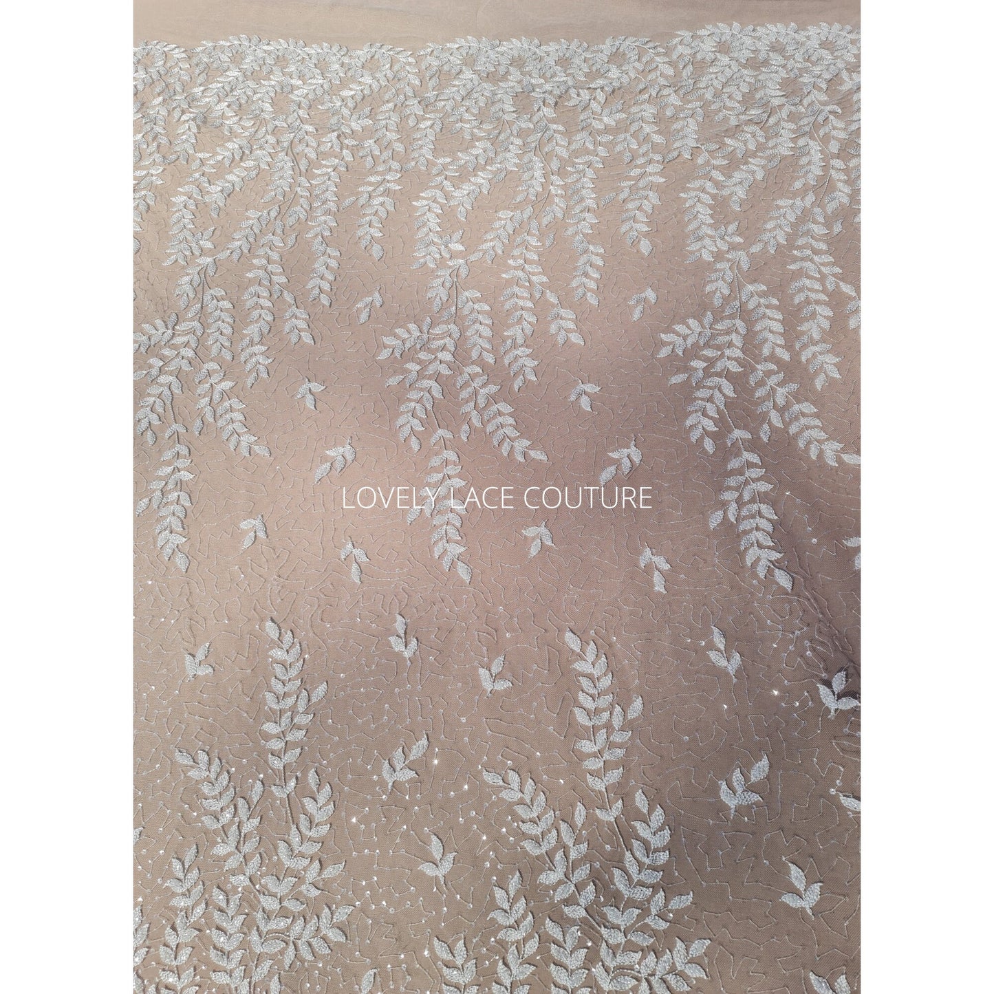 LL-1565, bridal lace fabric with leaves, beads and transparent sequins in white color