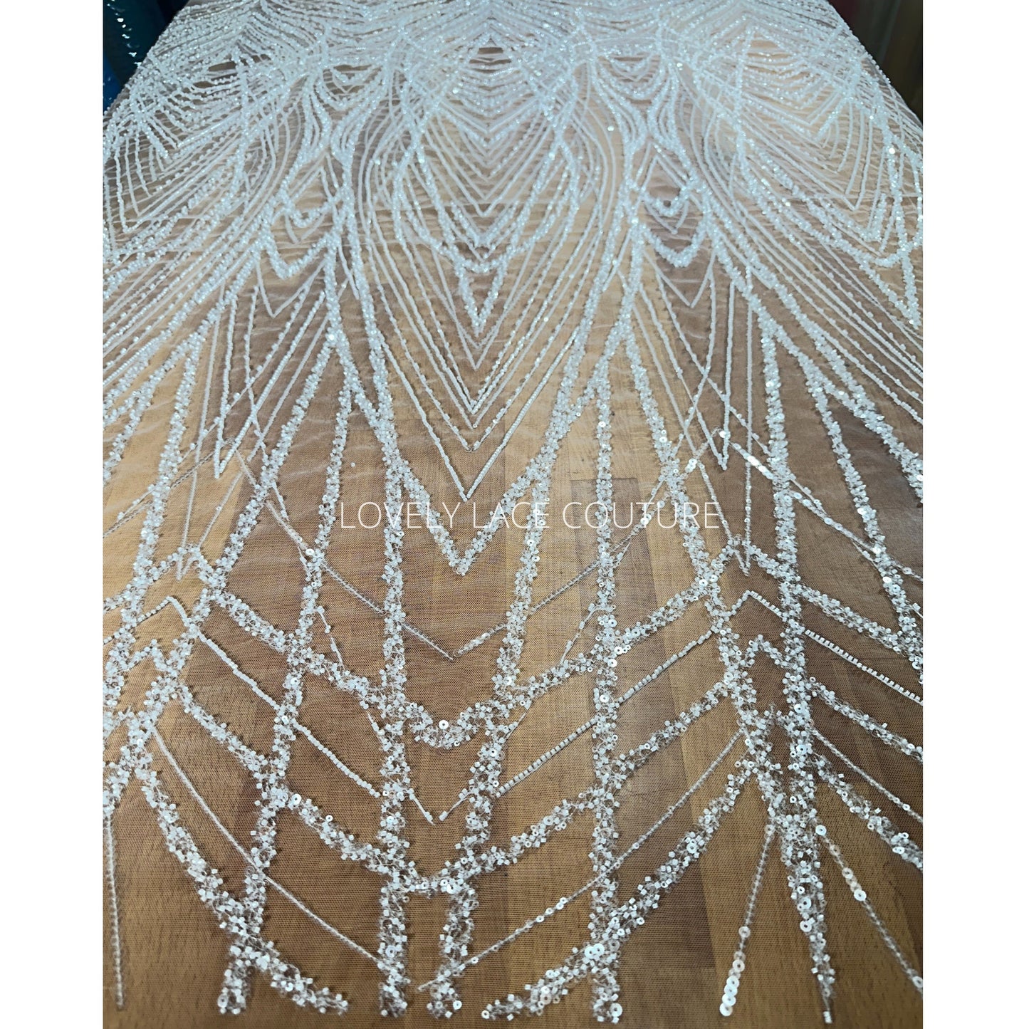 LL-1562, Gorgeous geometrical bridal lace fabric with beads and sequins by yards, luxurious beaded wedding dress lace in off-white color