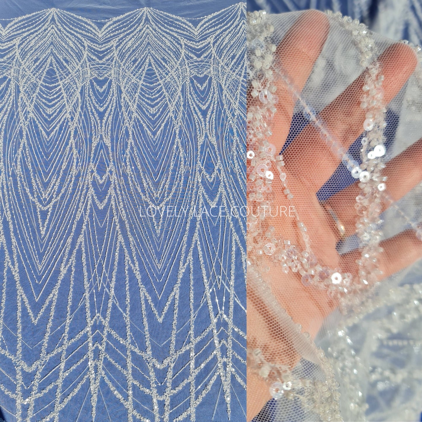 LL-1562, Gorgeous geometrical bridal lace fabric with beads and sequins by yards, luxurious beaded wedding dress lace in off-white color