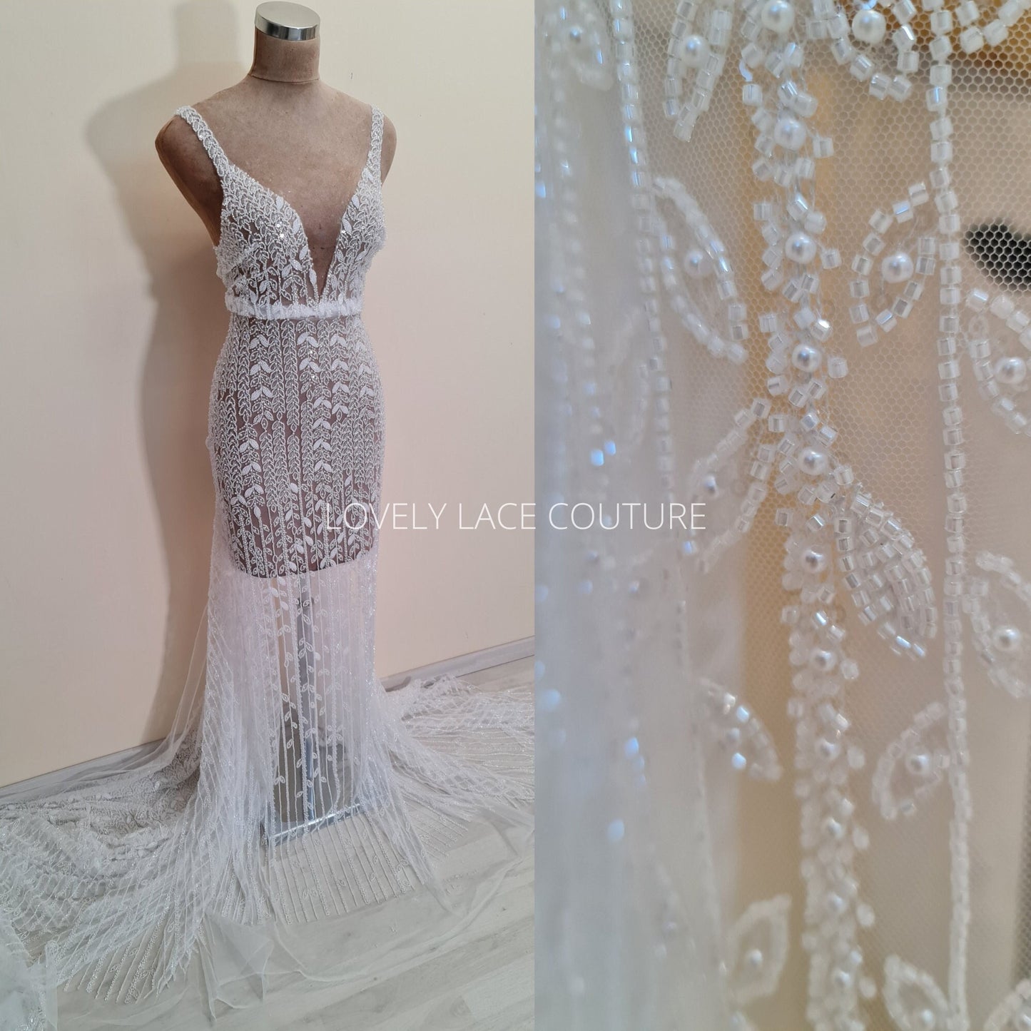 beaded lace fabric in off-white color for bridal or wedding dresses