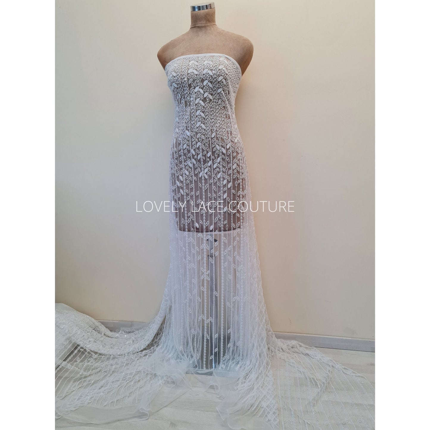 LL-1563, off-white bridal lace fabric with beads and sequins in a modern gorgoues geometrical design, fabric per meter