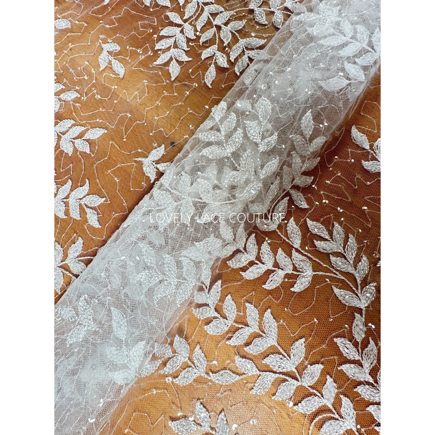 LL-1565, bridal lace fabric with leaves, beads and transparent sequins in white color