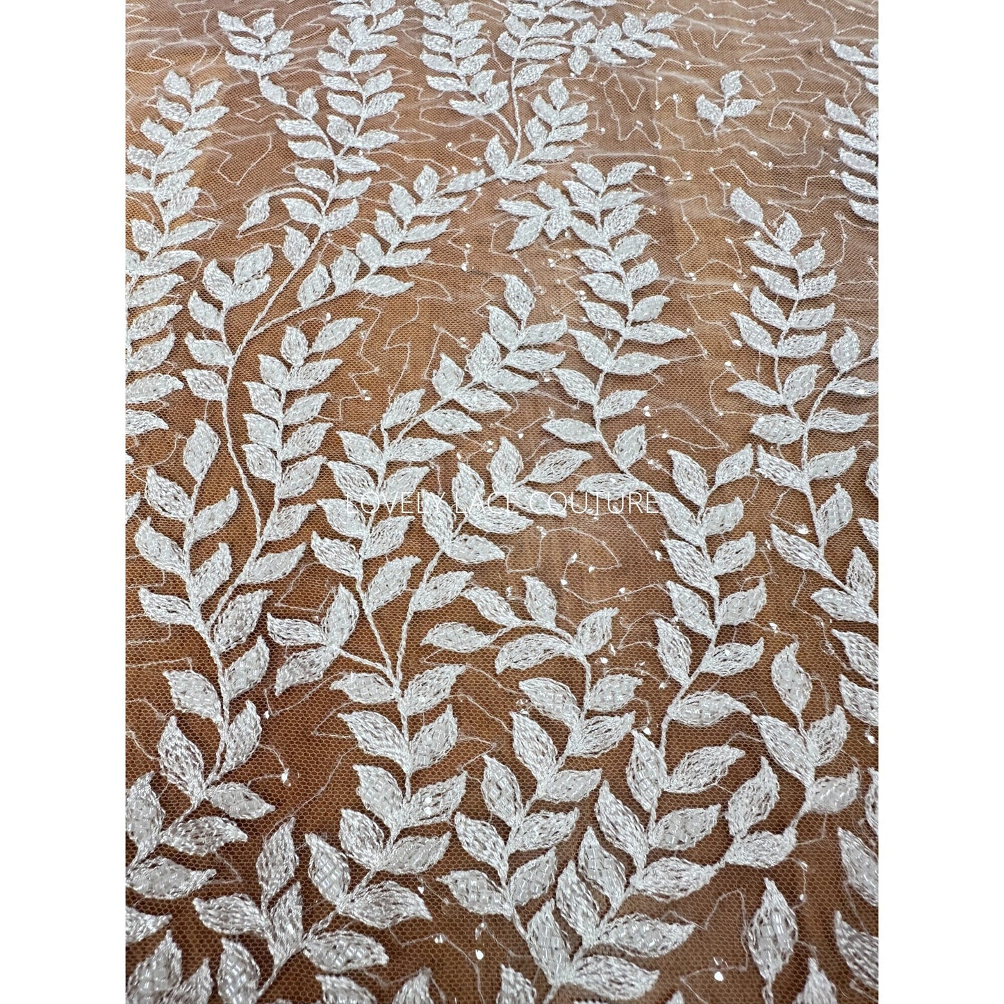 LL-1565, bridal lace fabric with leaves, beads and transparent sequins in white color