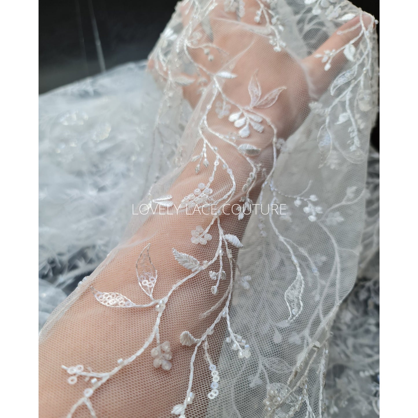 LL-1568, beautiful delicate lace fabric with leaf design in white color with beads and sequins for bridal or communion gowns, from 0,5m