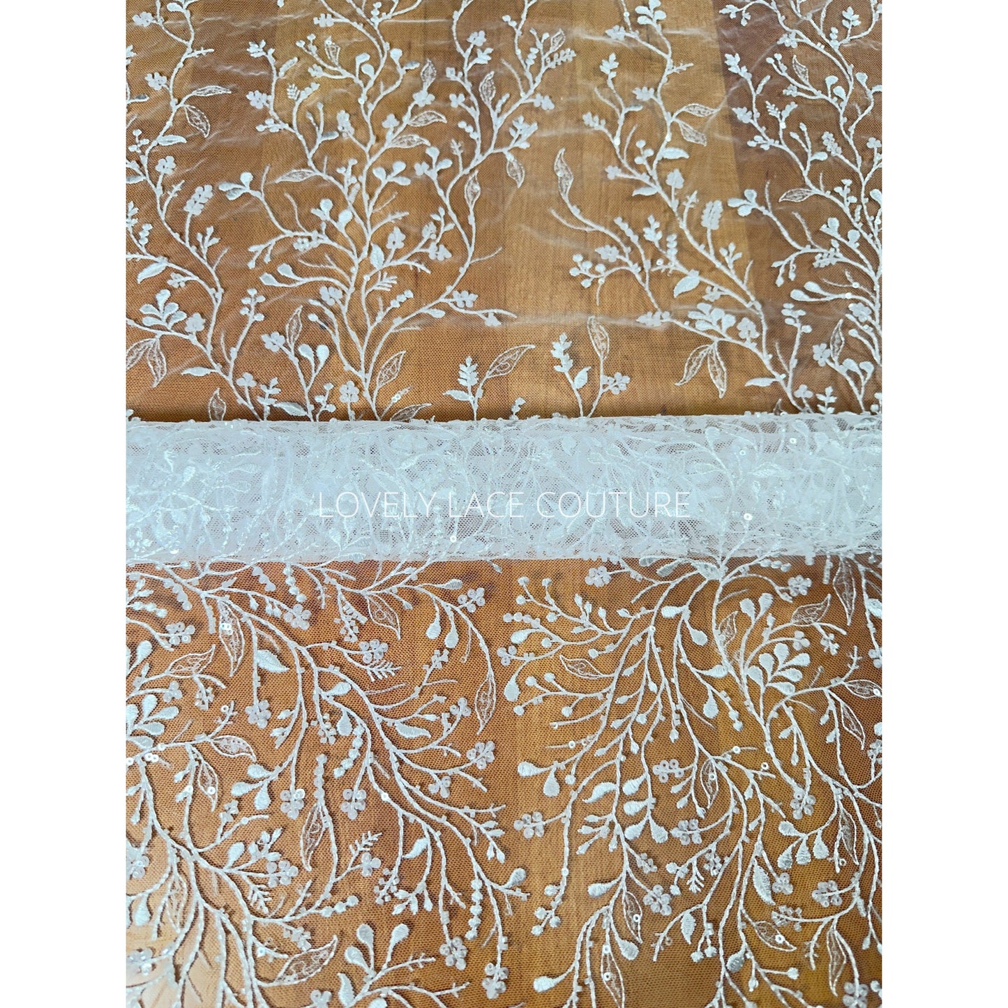 LL-1568, beautiful delicate lace fabric with leaf design in white color with beads and sequins for bridal or communion gowns, from 0,5m