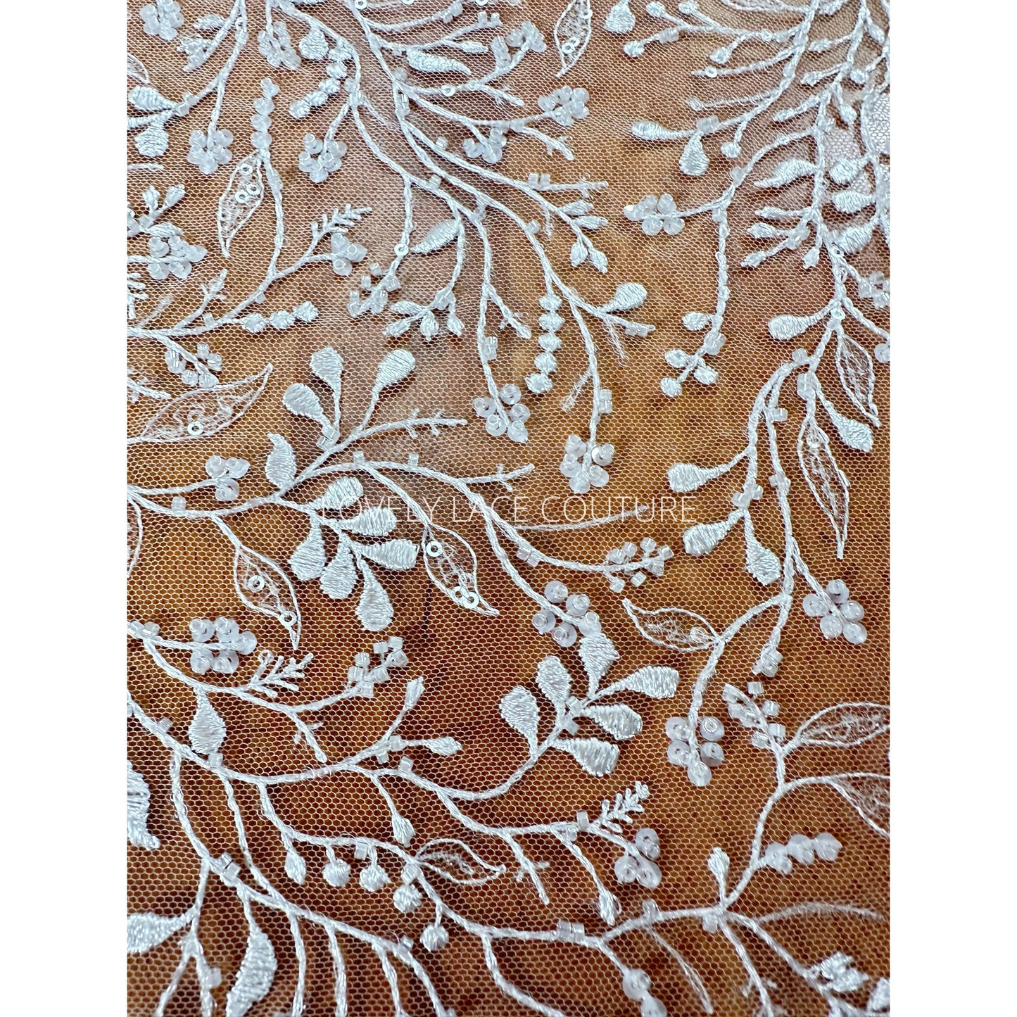 LL-1568, beautiful delicate lace fabric with leaf design in white color with beads and sequins for bridal or communion gowns, from 0,5m