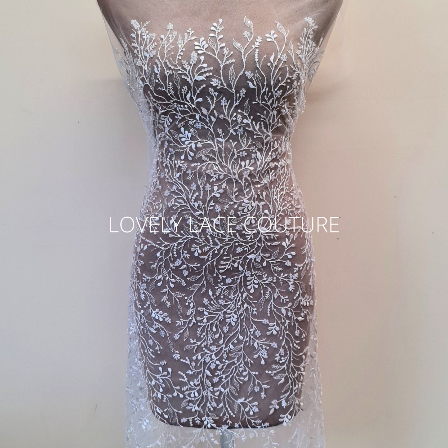 LL-1568, beautiful delicate lace fabric with leaf design in white color with beads and sequins for bridal or communion gowns, from 0,5m