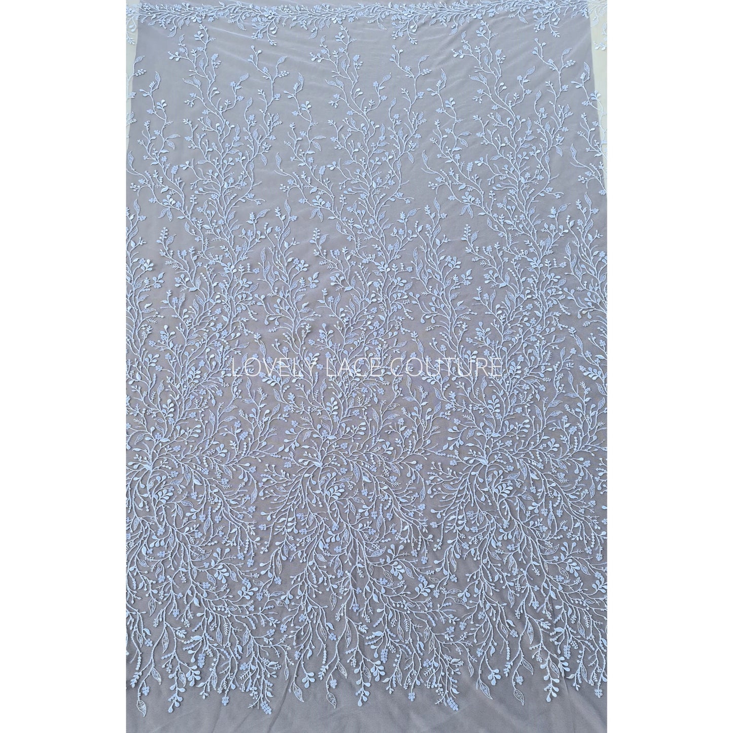 LL-1568, beautiful delicate lace fabric with leaf design in white color with beads and sequins for bridal or communion gowns, from 0,5m
