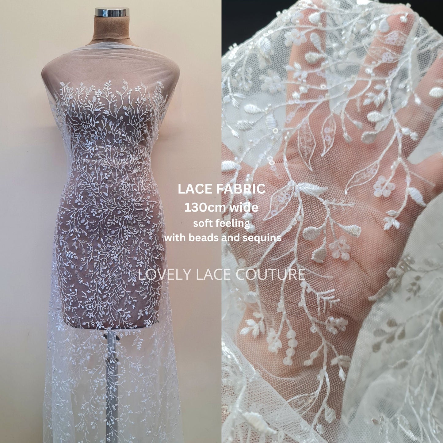 LL-1568, beautiful delicate lace fabric with leaf design in white color with beads and sequins for bridal or communion gowns, from 0,5m