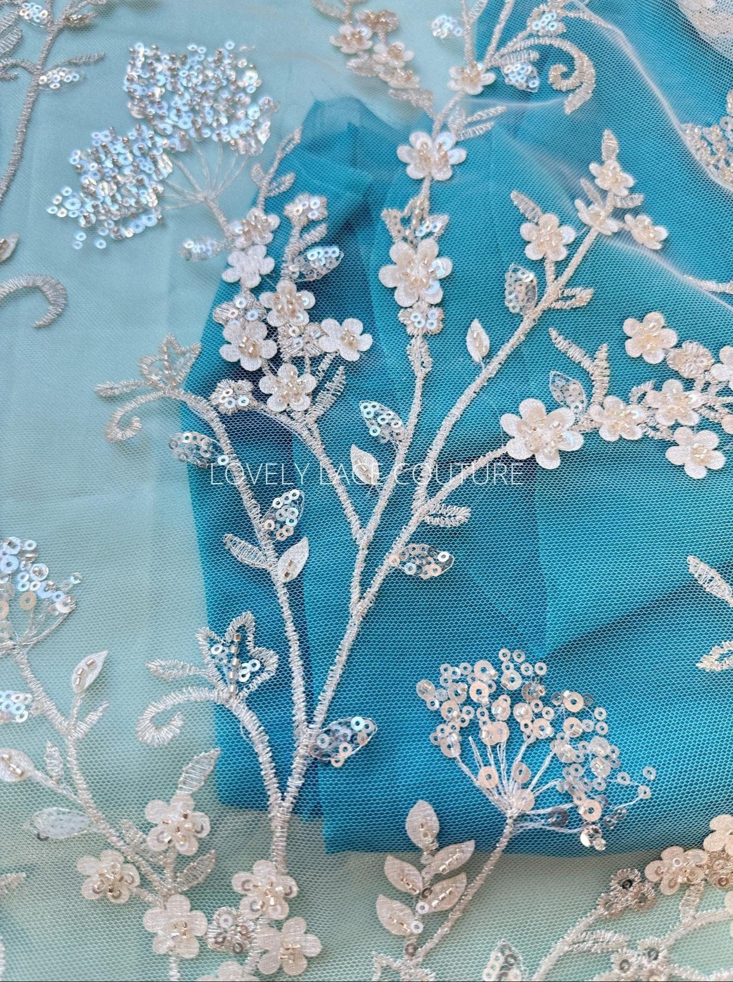flower lace fabric in icegold and off-white color with 3d flowers for bridal dresses and wedding gowns
