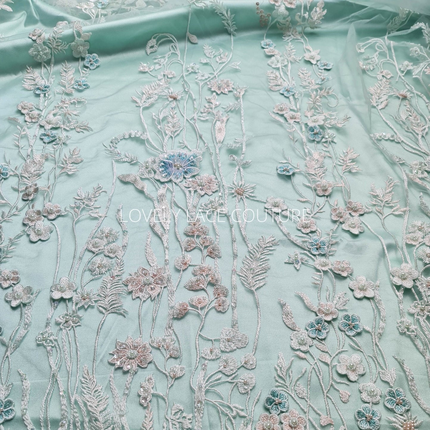 lace fabric in mint color with 3D Flowerts and embroidery