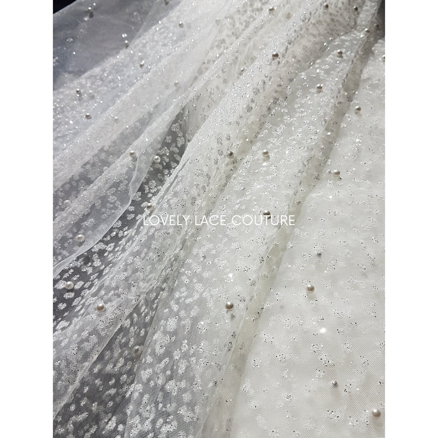 glitter tulle fabric with beads in off-white color
