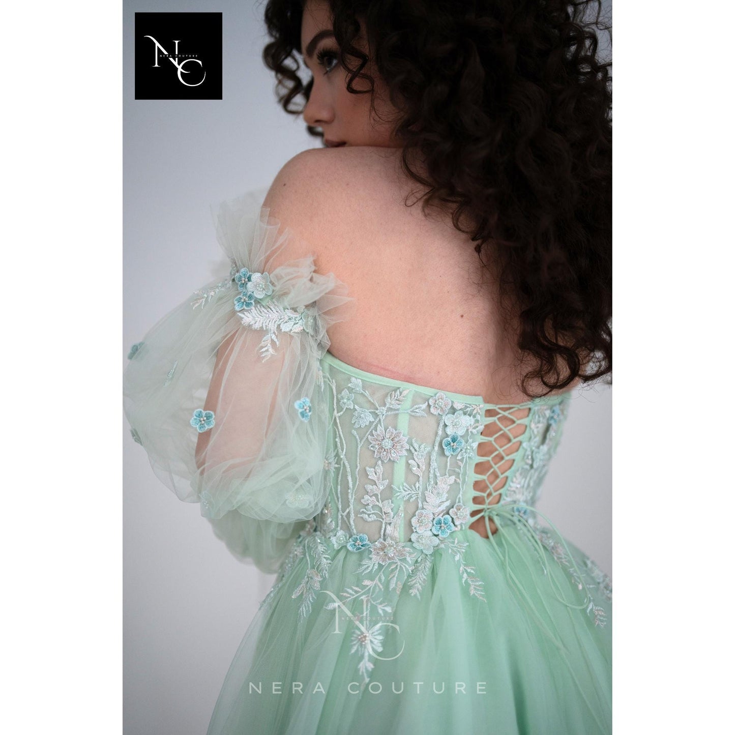 Bridgerton / Victorian inspired dress, a line weddingdress in mint color, fairy tale dress with sleeves princess bridal dress ballgown
