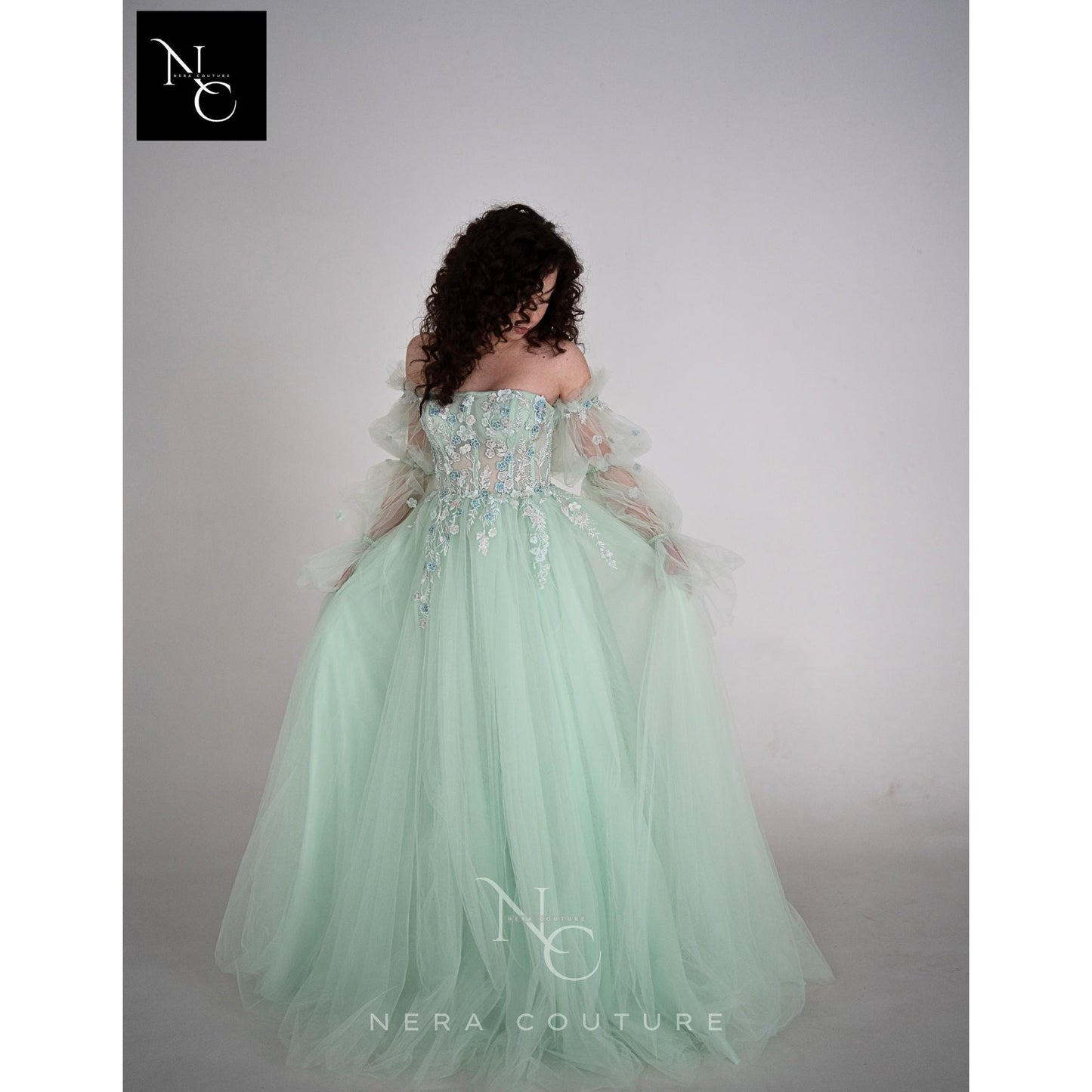 Bridgerton / Victorian inspired dress, a line weddingdress in mint color, fairy tale dress with sleeves princess bridal dress ballgown