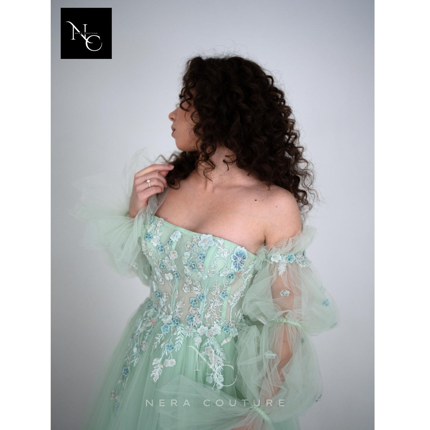 Bridgerton / Victorian inspired dress, a line weddingdress in mint color, fairy tale dress with sleeves princess bridal dress ballgown
