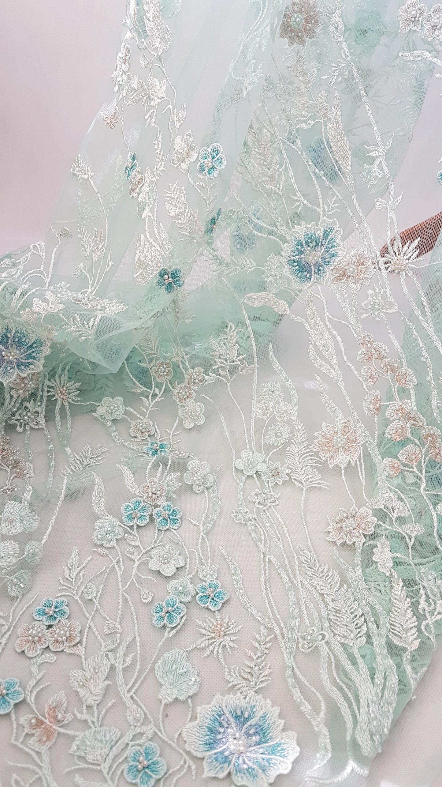 Gorgeous 3D Flower lace fabric in mint color, bridgerton dress lace, eloise's dress lace, start at 0,5m