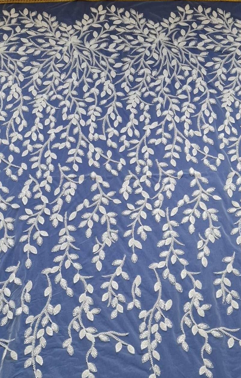 high quality wedding dress lace in white color, lace fabric with leaf design, embroided tull, branch pattern, soft tulle lace fabric LL-1101