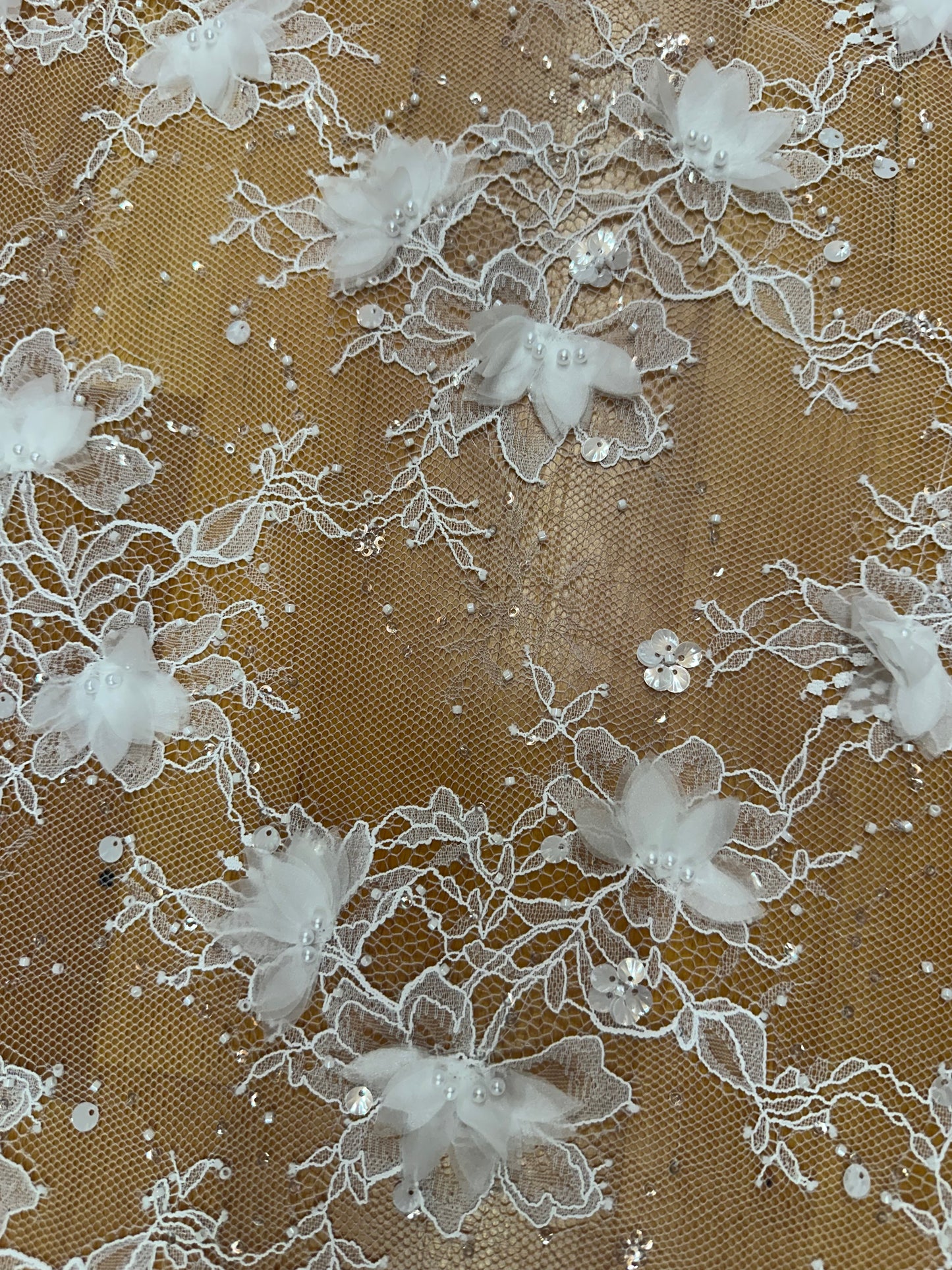 LL-1581, chantilly lace fabric with 3d organza flowers, starts at 0,5 meter