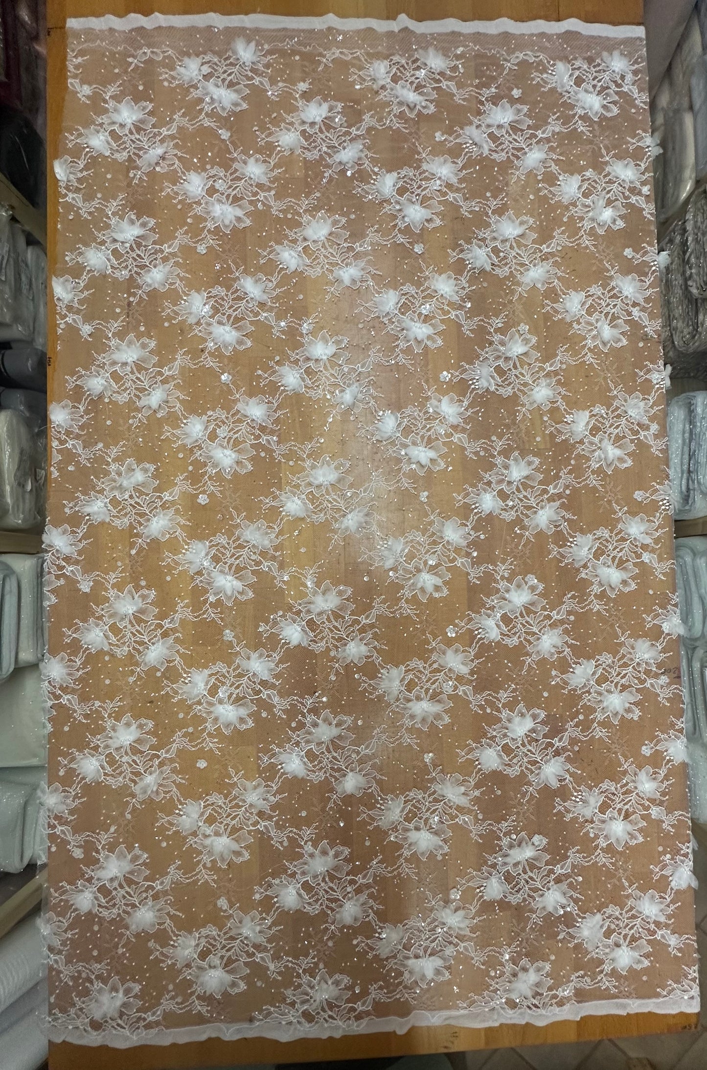 LL-1581, chantilly lace fabric with 3d organza flowers, starts at 0,5 meter