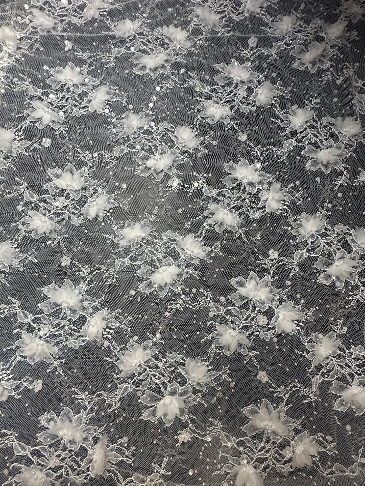 LL-1581, chantilly lace fabric with 3d organza flowers, starts at 0,5 meter