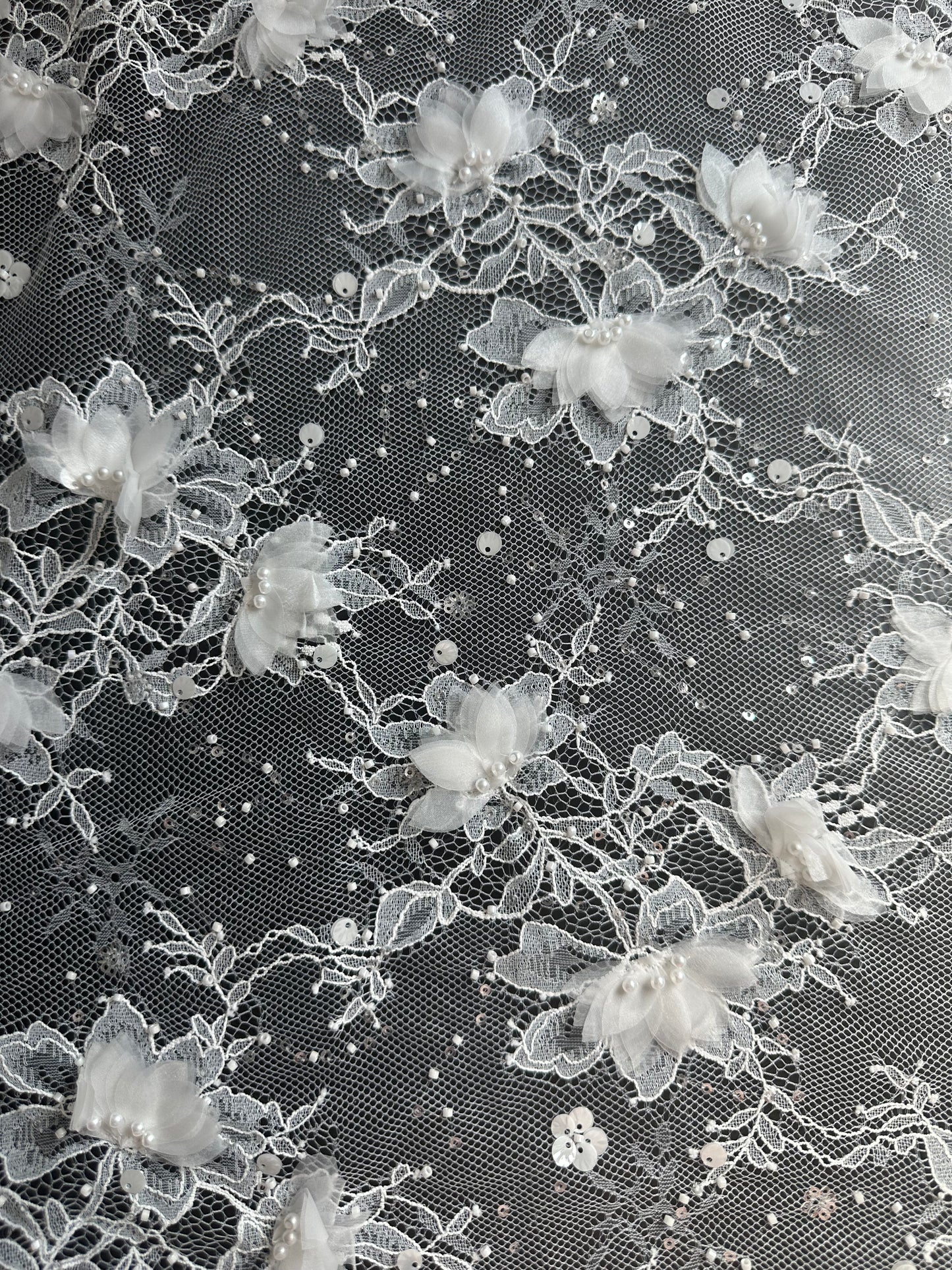 LL-1581, chantilly lace fabric with 3d organza flowers, starts at 0,5 meter